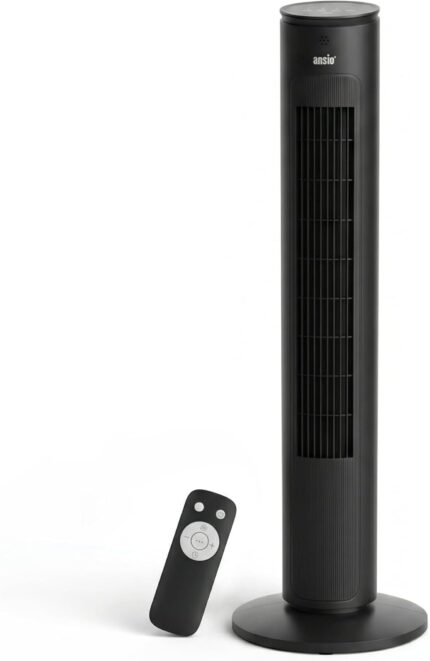 ANSIO 30 inch Black Tower Fan with Remote, 7.5 hours Timer, 3 Speed Settings