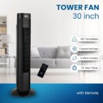 ANSIO 30 inch Black Tower Fan with Remote, 7.5 hours Timer, 3 Speed Settings - Image 3